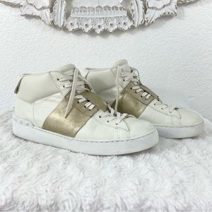 {Valentino} White and Gold Rockstud Leather Lace-Up Sneakers, Size 39